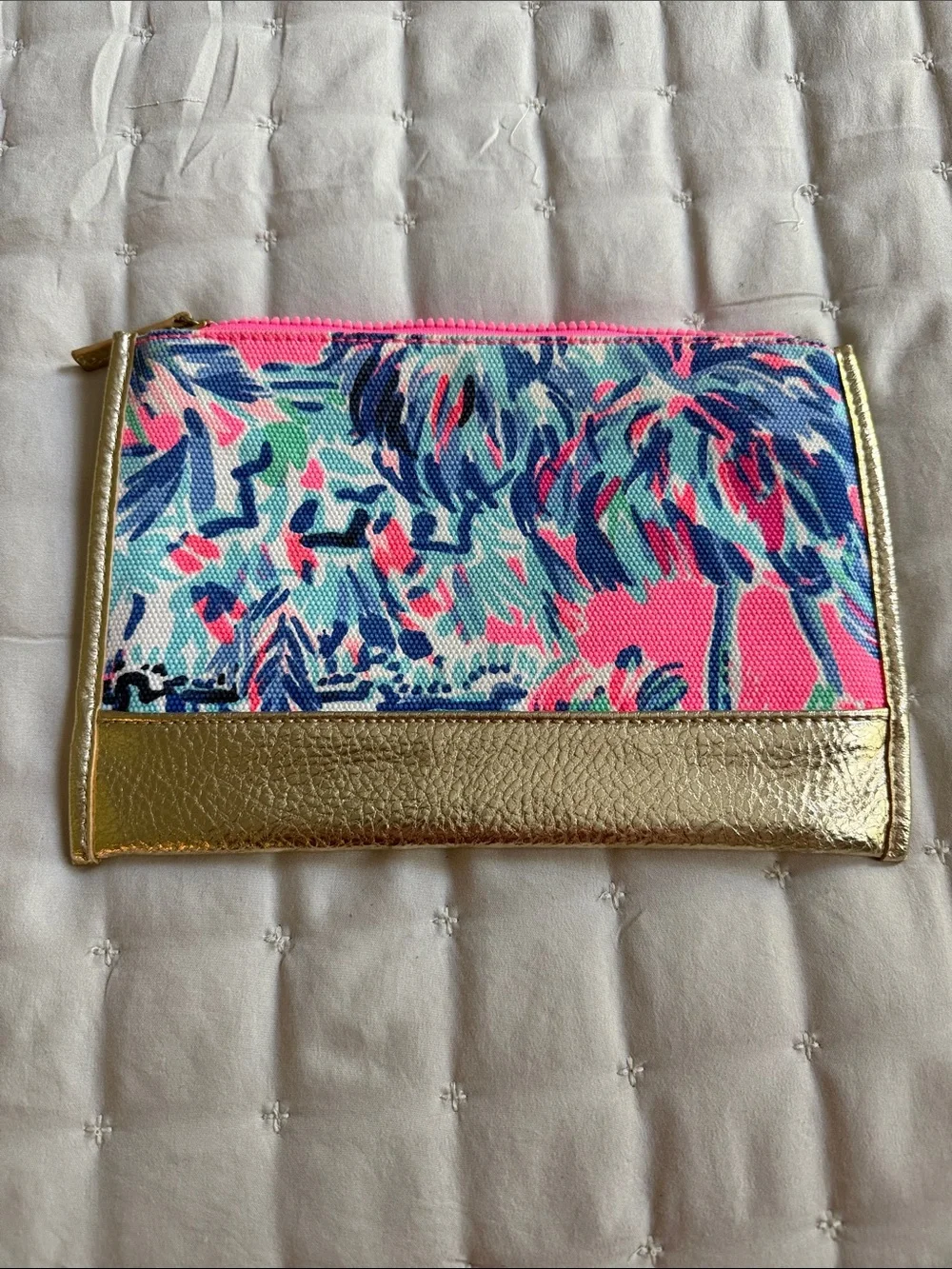 Lilly Pulitzer Pink Blue Tropical Print Cosmetic Pouch with Gold Trim